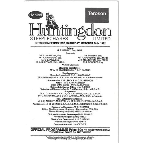 1992 Huntingdon October Race Meeting (24/10/1992) Horse Racing Racecard