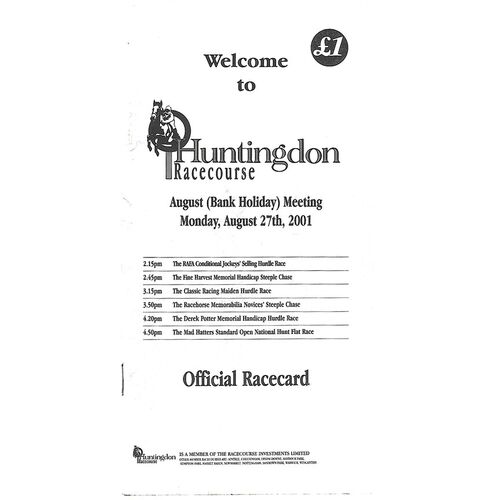 2001 Huntingdon August Bank Holiday Race Meeting (27/08/2001) Horse Racing Racecard