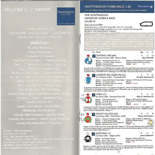 2009 Huntingdon Second November Race Meeting (19/11/2009) Horse Racing Racecard