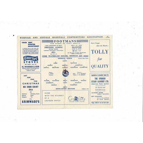 1957/58 Ipswich Town v Doncaster Rovers Football Programme