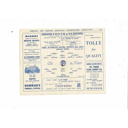 1957/58 Ipswich Town v Huddersfield Town Football Programme