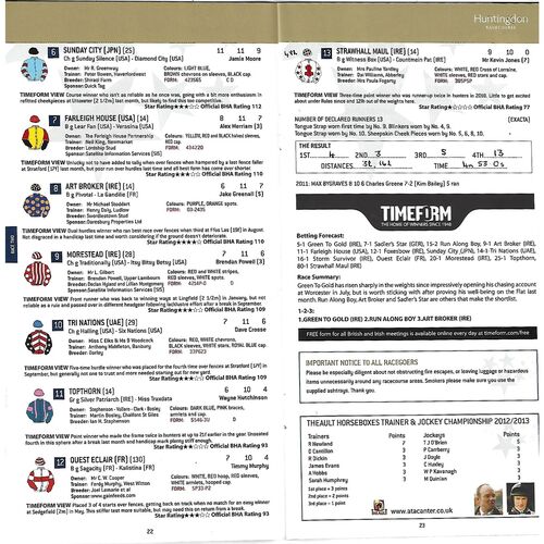 2012 Huntingdon Freebets.co.uk Family Sunday Race Meeting (07/10/2012) Horse Racing Racecard