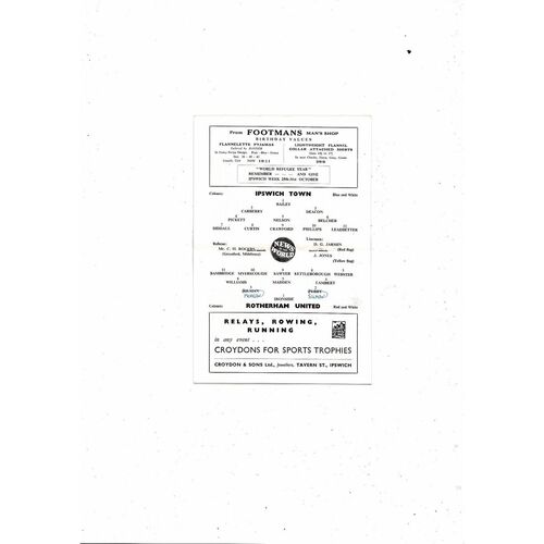 1959/60 Ipswich Town v Rotherham United Football Programme