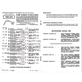 1966 Newmarket Seventh Saturday Race Meeting (20/08/1966) Horse Racing Racecard
