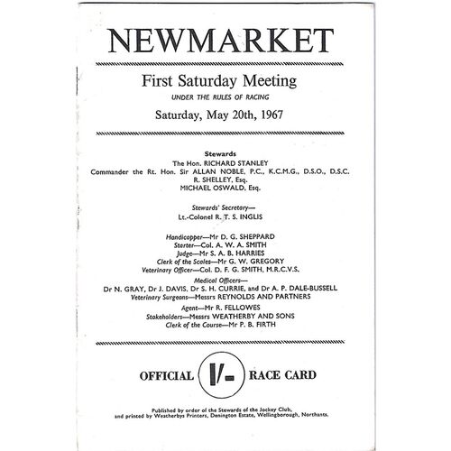 1967 Newmarket First Saturday Race Meeting (20/05/1967) Horse Racing Racecard