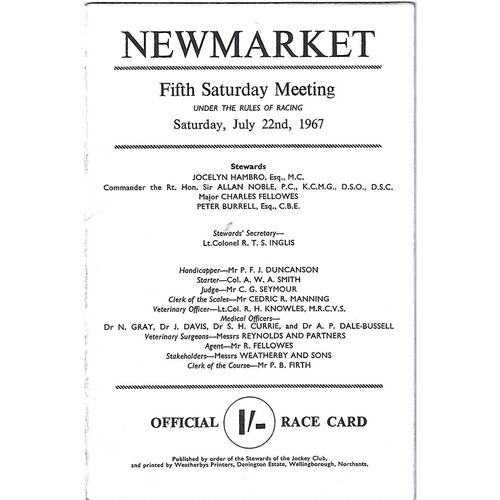 1967 Newmarket Fifth Saturday Race Meeting (22/07/1967) Horse Racing Racecard