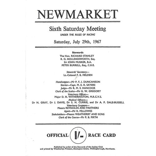 1967 Newmarket Sixth Saturday Race Meeting (29/07/1967) Horse Racing Racecard