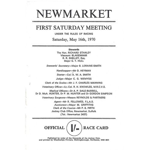 1970 Newmarket First Saturday Race Meeting (16/05/1970) Horse Racing Racecard