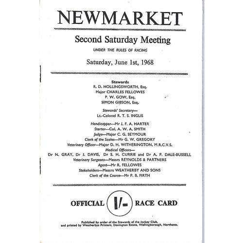 1968 Newmarket Second Saturday Race Meeting (01/06/1968) Horse Racing Racecard