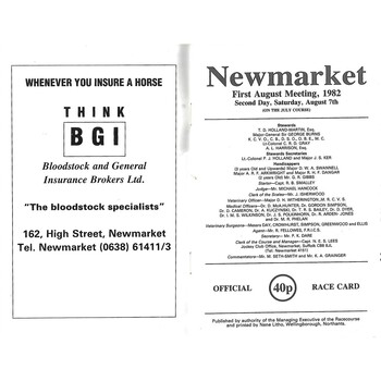 1982 Newmarket First August Race Meeting (07/08/1982) Horse Racing Racecard