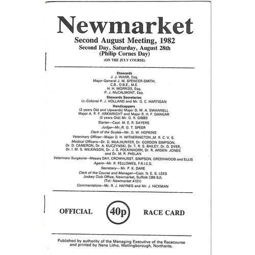 1982 Newmarket Second August Race Meeting (28/08/1982) Horse Racing Racecard