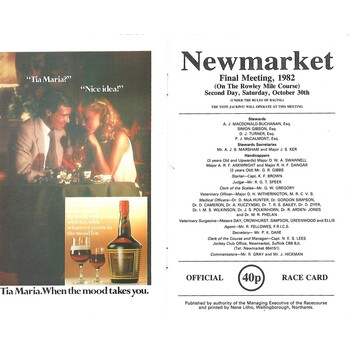 1982 Newmarket Final October (Tia Maria Day) Race Meeting (30/10/1982) Horse Racing Racecard