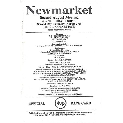 1983 Newmarket Second August Race Meeting (27/08/1983) Horse Racing Racecard