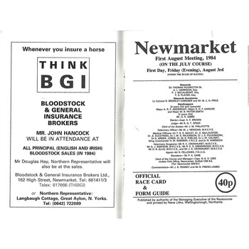 1984 Newmarket First August Race Meeting (03/08/1984) Horse Racing Racecard
