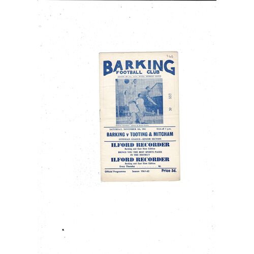 1961/62 Barking v Tooting & Mitcham Football Programme