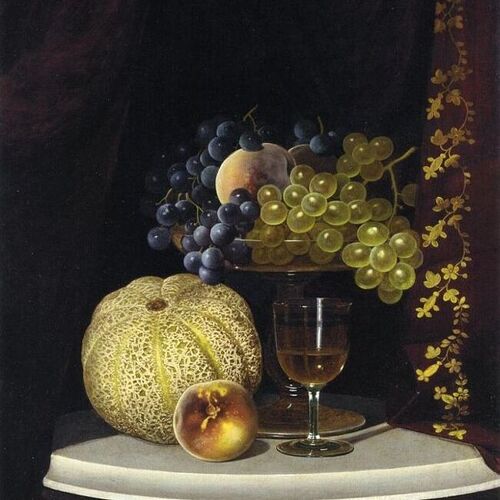 Still Life with Melon, Peach, Fruit-Filled Compote and Glass of Wine