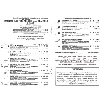 1986 Newmarket Second August Race Meeting (08/08/1986) Horse Racing Racecard