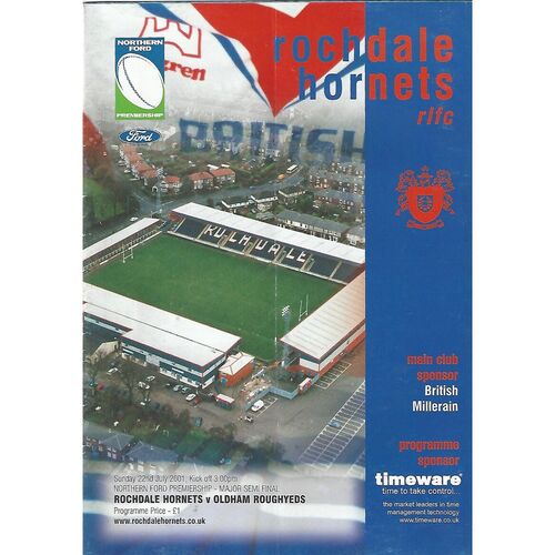2001 Rochdale Hornets v Oldham Roughyeds Northern Ford Premiership Major Semi Final Rugby League Programme