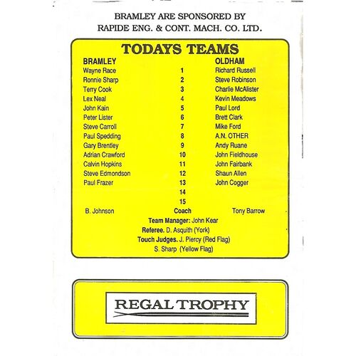 1989/90 Bramley v Oldham Regal Trophy 1st Round Rugby League Programme