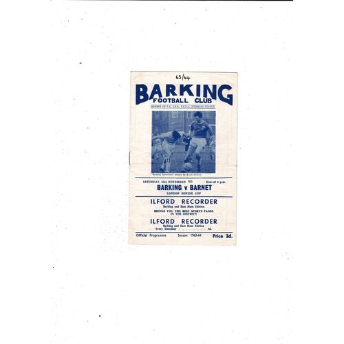1963/64 Barking v Barnet London Senior Cup Football Programme