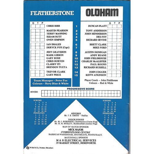 1990/91 Featherstone Rovers v Oldham Rugby League Programme