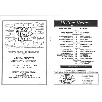 1992/93 Huddersfield v Oldham Rugby League Programme