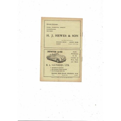 1949/50 Barnet v Hoddesdon Town Herts Senior Cup Semi Final Football Programme