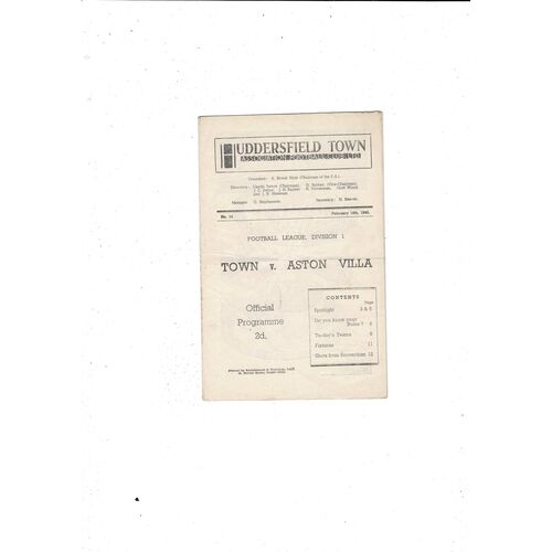 1947/48 Huddersfield Town v Aston Villa Football Programme