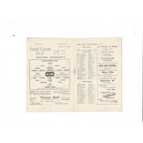 1947/48 Huddersfield Town v Aston Villa Football Programme