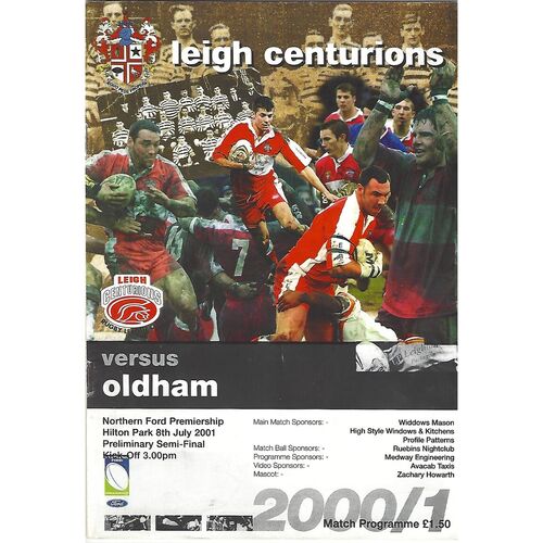 2001 Leigh Centurions v Oldham Northern Ford Premiership Preliminary Semi Final Rugby League Programme
