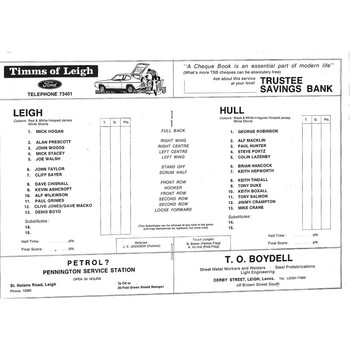 1976/77 Leigh v Hull Player's No. 6 Trophy Quarter Final Rugby League  Programme