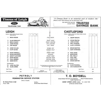 1976/77 Leigh v Castleford Rugby League  Programme