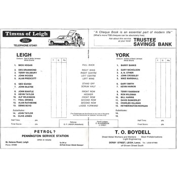 1977/78 Leigh v York Rugby League  Programme