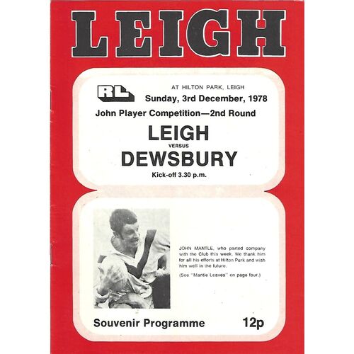 1977/78 Leigh v Dewsbury John Player Trophy 2nd Round Rugby League Programme