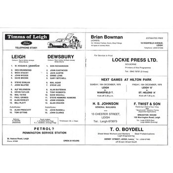 1977/78 Leigh v Dewsbury John Player Trophy 2nd Round Rugby League Programme