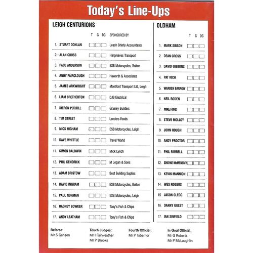 2000 Leigh Centurions v Oldham Northern Ford Premiership Major Semi Finals Rugby League Programme