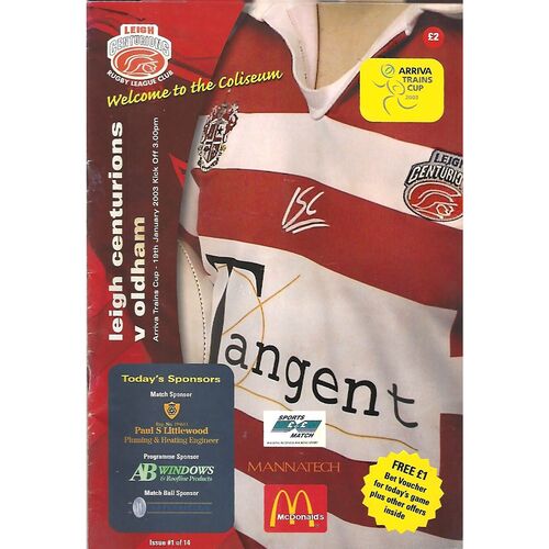 2003 Leigh Centurions v Oldham Arriva Trains Cup Rugby League Programme