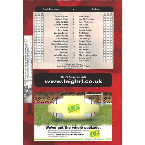 2003 Leigh Centurions v Oldham Arriva Trains Cup Rugby League Programme