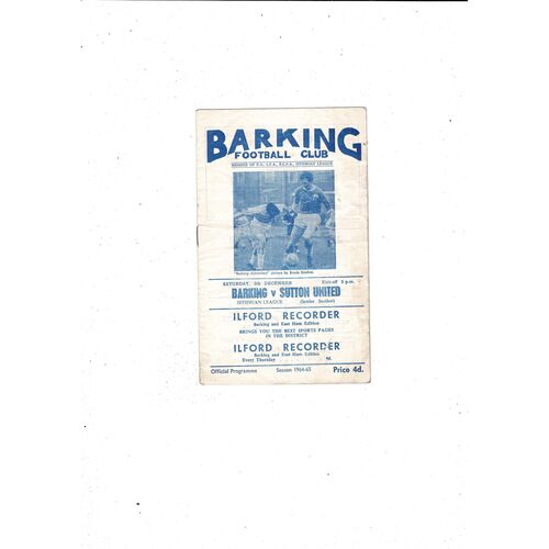 1964/65 Barking v Sutton United Football Programme