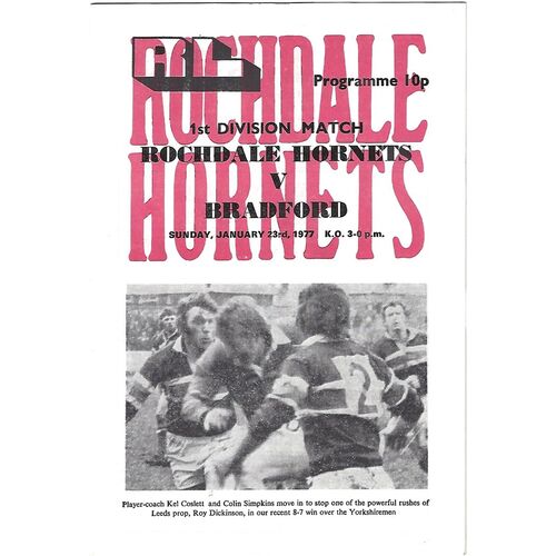 1976/77 Rochdale Hornets v Bradford Northern Rugby League  Programme