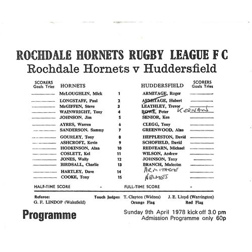 Rochdale Hornets Home Rugby League Programmes