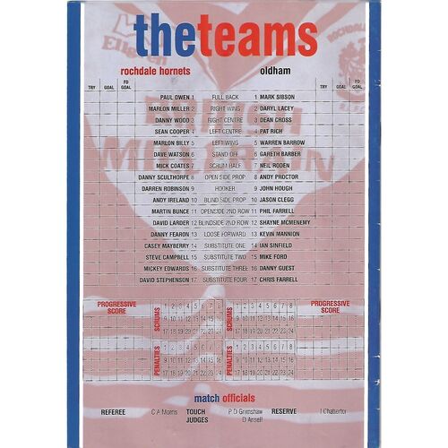 2000/01 Rochdale Hornets v Oldham Rugby League Programme