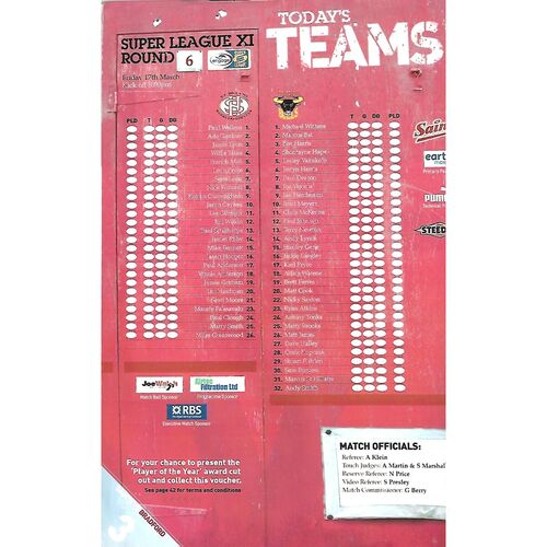 2006 St. Helens v Bradford Bulls Rugby League Programme & Teamsheet