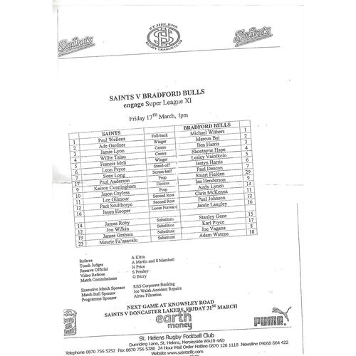 2006 St. Helens v Bradford Bulls Rugby League Programme & Teamsheet