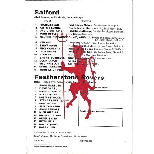 1977/78 Salford v Featherstone Rovers Rugby League Programme