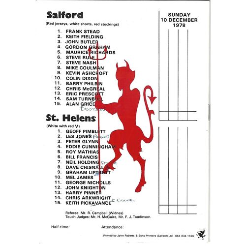 1978/79 Salford v St. Helens Rugby League Programme