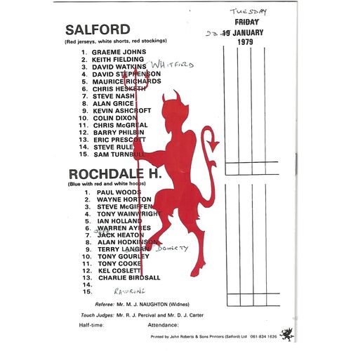 1978/79 Salford v Rochdale Hornets Rugby League Programme