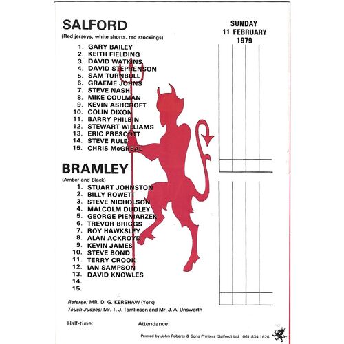 1978/79 Salford v Bramley State Express Challenge Cup 1st Round Rugby League Programme & Teamsheet