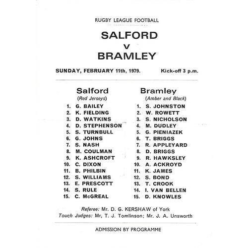 1978/79 Salford v Bramley State Express Challenge Cup 1st Round Rugby League Programme & Teamsheet