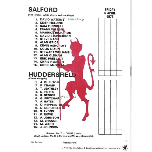 1978/79 Salford v Huddersfield Rugby League Programme